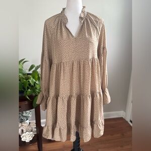 Lumiere, Polka Dot Tan Ruffled Tiered Sundress with Bishop Sleeves
